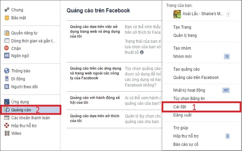 Đăng nhập facebook và chọn cài đặt
